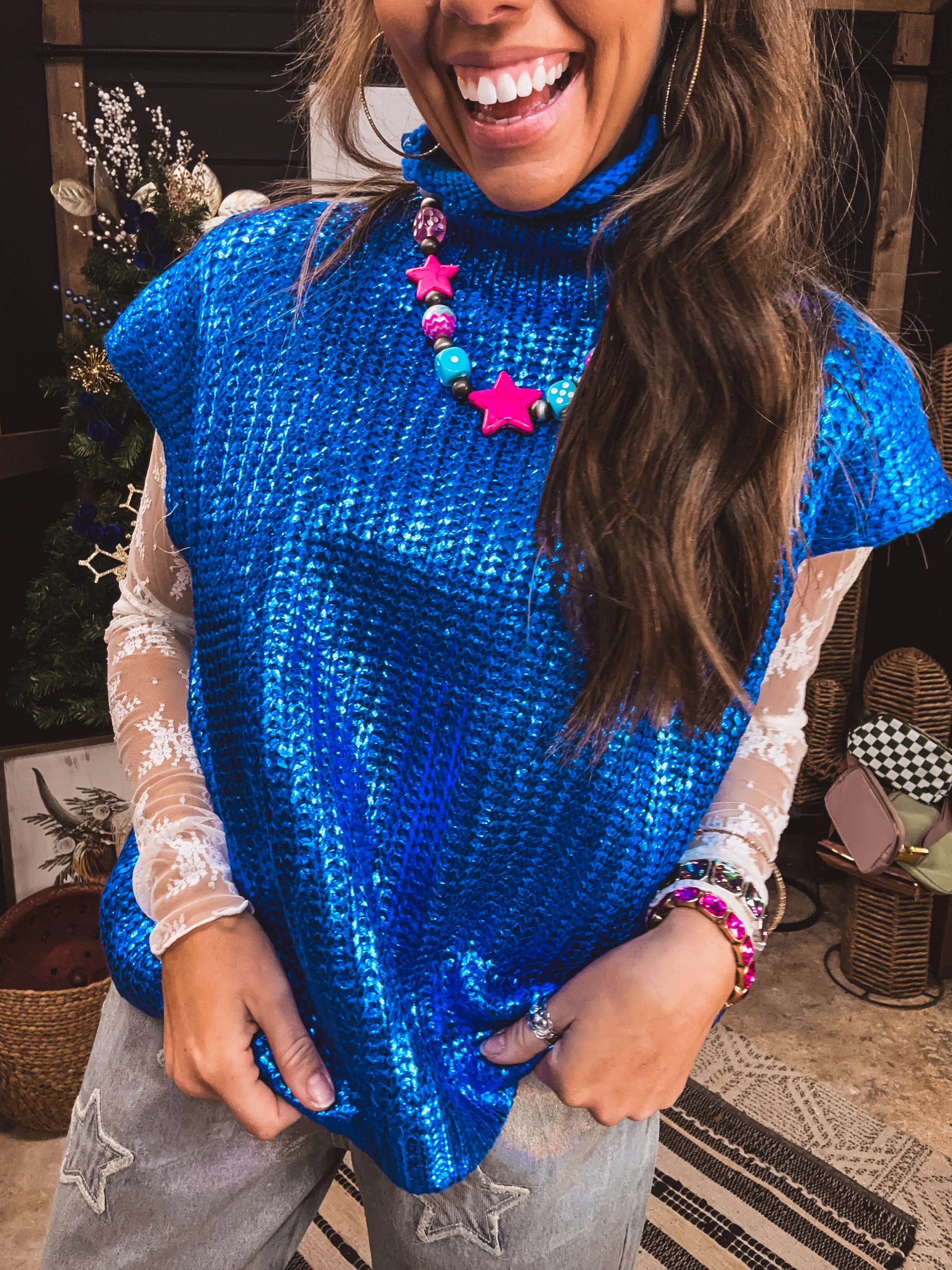 Royal Blue Metallic Foil Sweater Vest