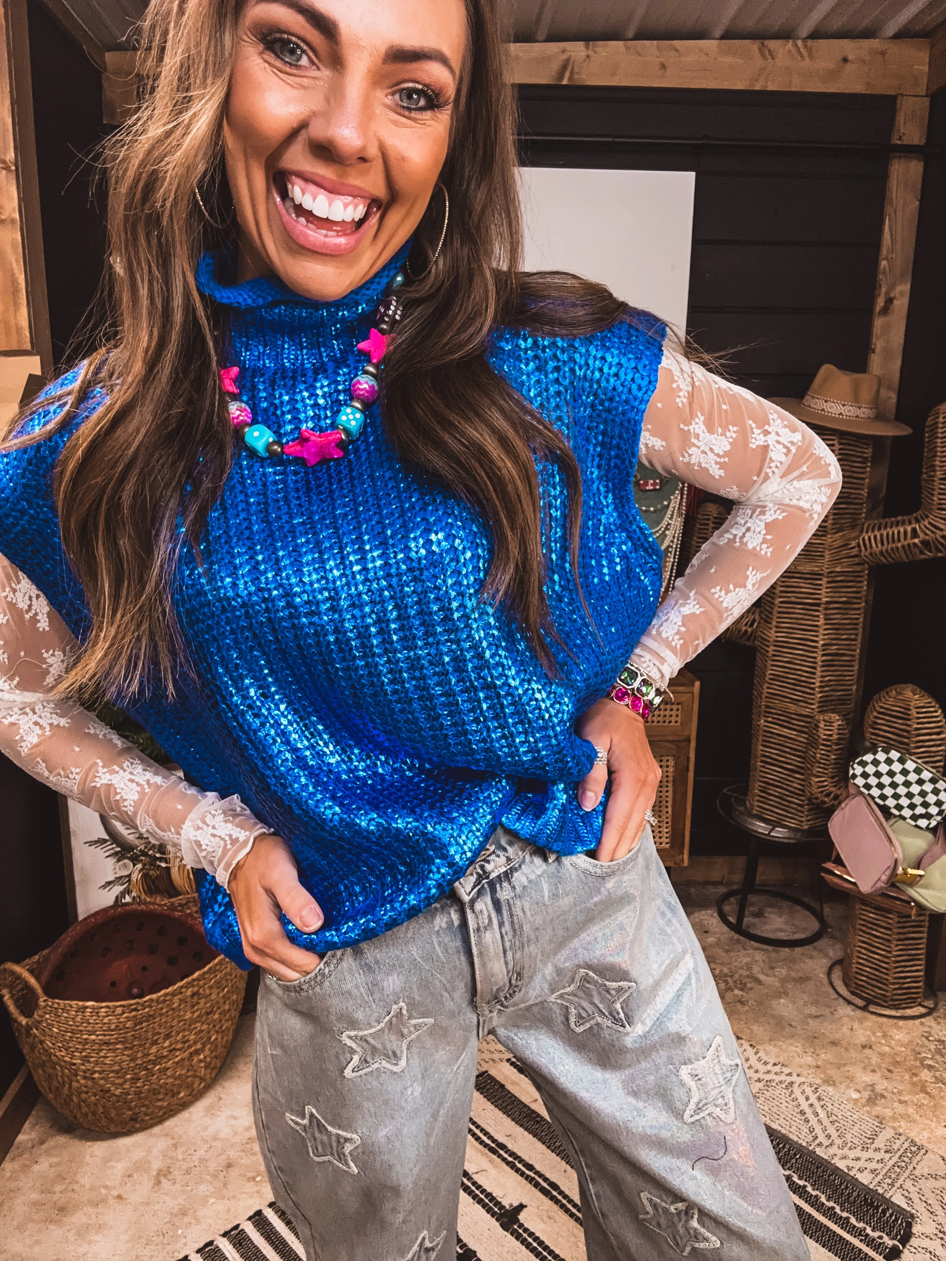 Royal Blue Metallic Foil Sweater Vest
