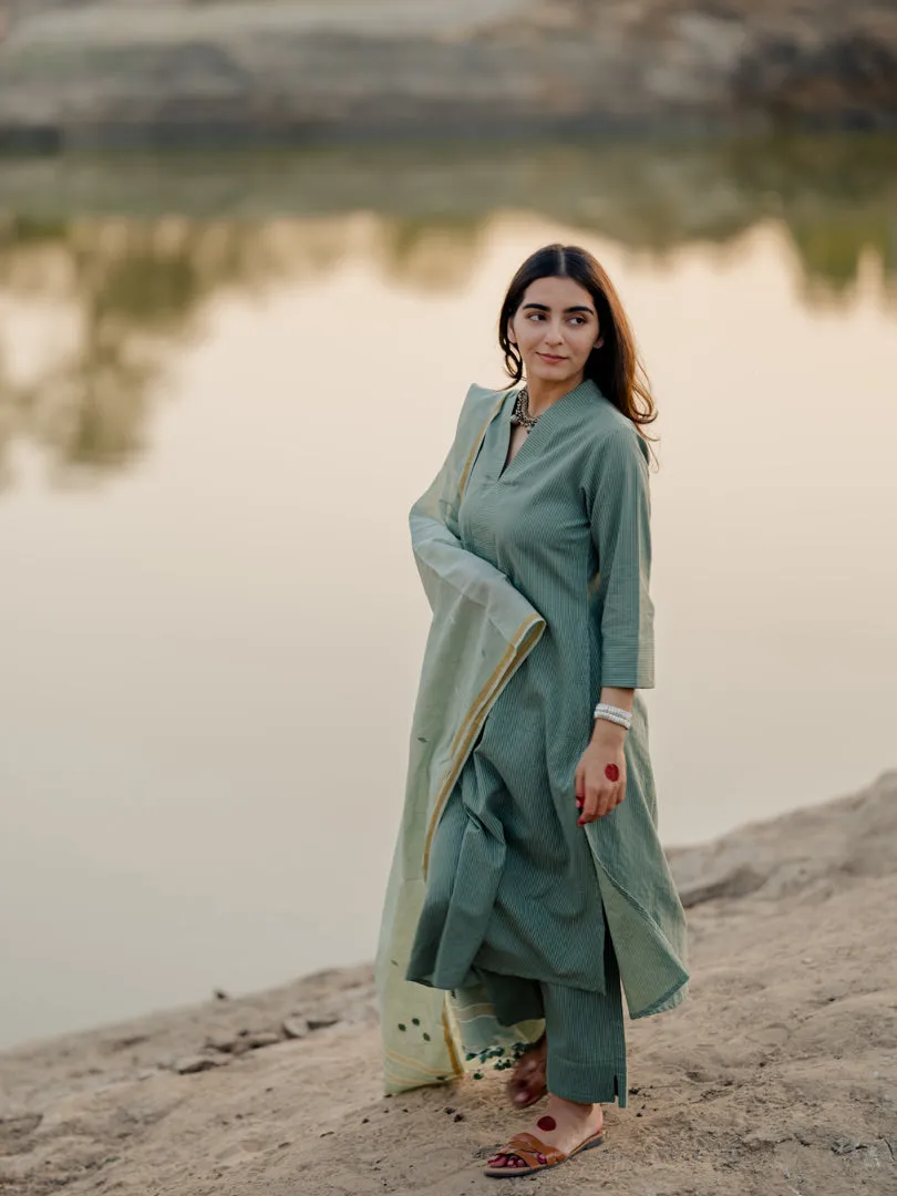 Sage green kurta set with jaamdani Dupatta