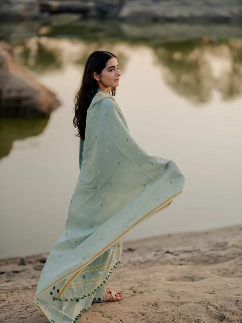Sage green kurta set with jaamdani Dupatta