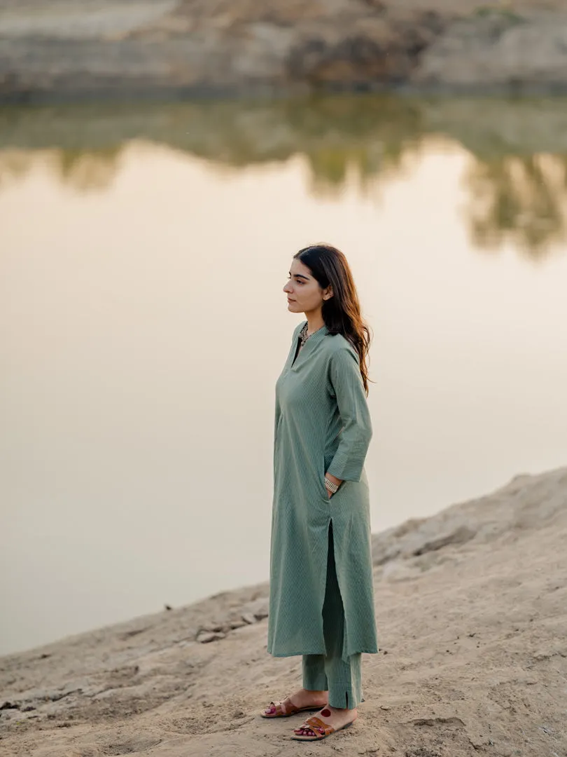 Sage green kurta set with jaamdani Dupatta