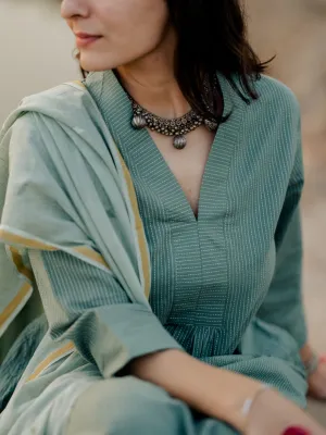 Sage green kurta set with jaamdani Dupatta