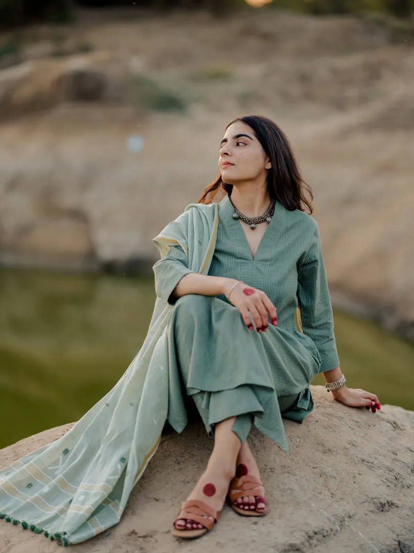 Sage green kurta set with jaamdani Dupatta