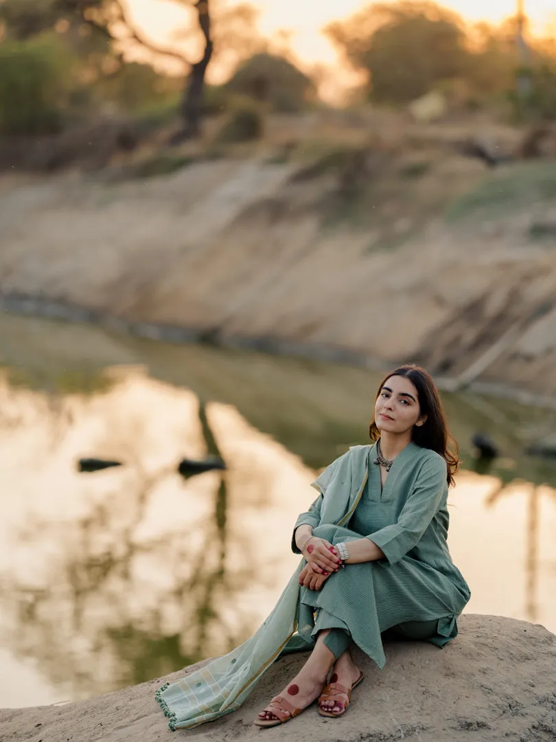 Sage green kurta set with jaamdani Dupatta