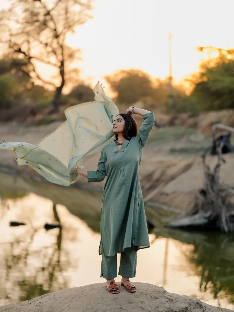 Sage green kurta set with jaamdani Dupatta
