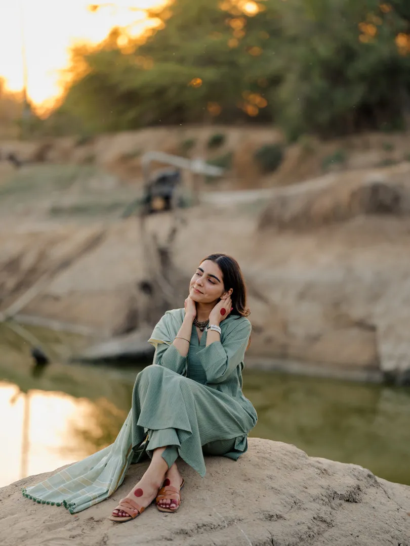 Sage green kurta set with jaamdani Dupatta