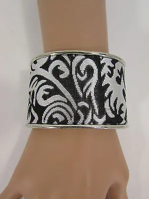 Silve Metal Cuff Bracelet Unique Leaves Detail 2" Long