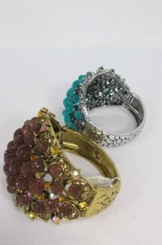 Silver Aqua Blue Gold Brown Bracelet Cuff Flowers Beads Balls Jewelry Accessories