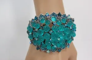 Silver Aqua Blue Gold Brown Bracelet Cuff Flowers Beads Balls Jewelry Accessories