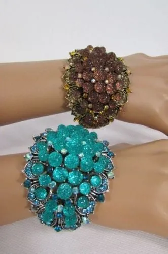 Silver Aqua Blue Gold Brown Bracelet Cuff Flowers Beads Balls Jewelry Accessories