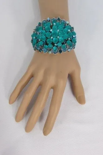 Silver Aqua Blue Gold Brown Bracelet Cuff Flowers Beads Balls Jewelry Accessories
