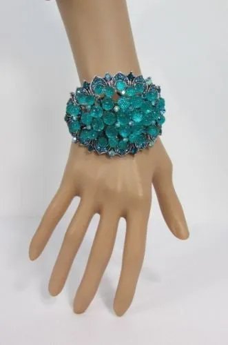 Silver Aqua Blue Gold Brown Bracelet Cuff Flowers Beads Balls Jewelry Accessories