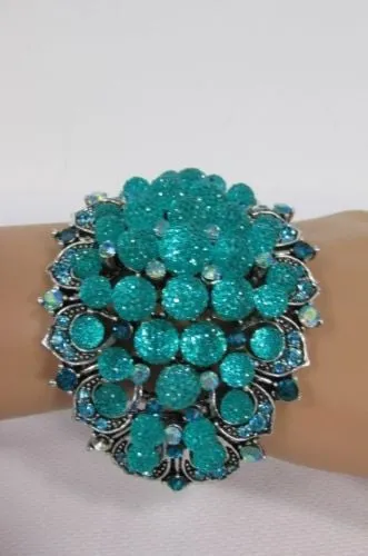 Silver Aqua Blue Gold Brown Bracelet Cuff Flowers Beads Balls Jewelry Accessories