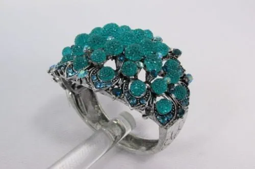 Silver Aqua Blue Gold Brown Bracelet Cuff Flowers Beads Balls Jewelry Accessories