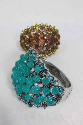 Silver Aqua Blue Gold Brown Bracelet Cuff Flowers Beads Balls Jewelry Accessories