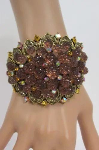 Silver Aqua Blue Gold Brown Bracelet Cuff Flowers Beads Balls Jewelry Accessories
