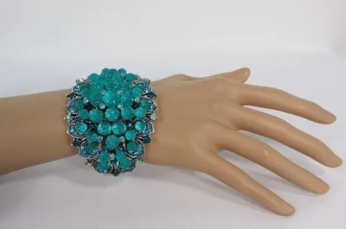 Silver Aqua Blue Gold Brown Bracelet Cuff Flowers Beads Balls Jewelry Accessories