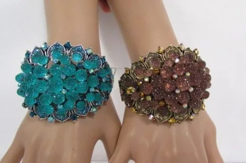 Silver Aqua Blue Gold Brown Bracelet Cuff Flowers Beads Balls Jewelry Accessories