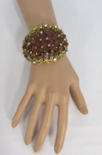 Silver Aqua Blue Gold Brown Bracelet Cuff Flowers Beads Balls Jewelry Accessories