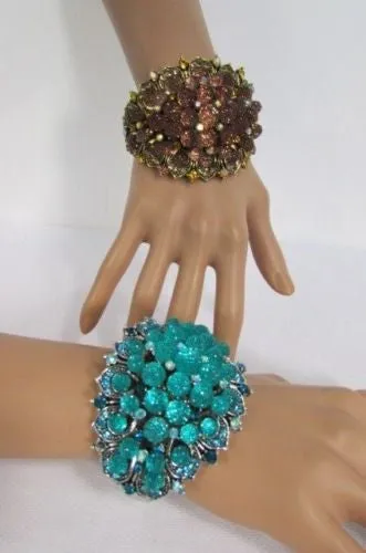 Silver Aqua Blue Gold Brown Bracelet Cuff Flowers Beads Balls Jewelry Accessories