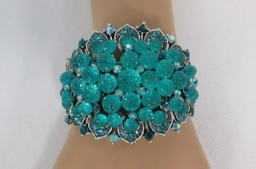 Silver Aqua Blue Gold Brown Bracelet Cuff Flowers Beads Balls Jewelry Accessories