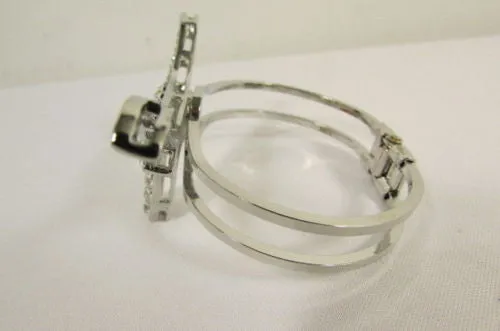 Silver Metal Cuff Bracelet Big Bull Horns Multi Rhinestones