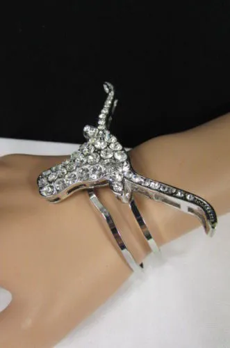 Silver Metal Cuff Bracelet Big Bull Horns Multi Rhinestones