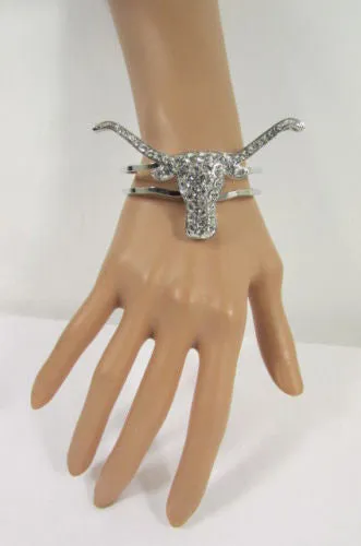 Silver Metal Cuff Bracelet Big Bull Horns Multi Rhinestones