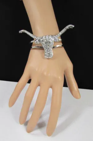 Silver Metal Cuff Bracelet Big Bull Horns Multi Rhinestones