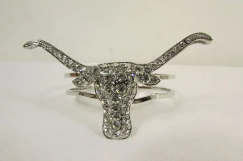 Silver Metal Cuff Bracelet Big Bull Horns Multi Rhinestones