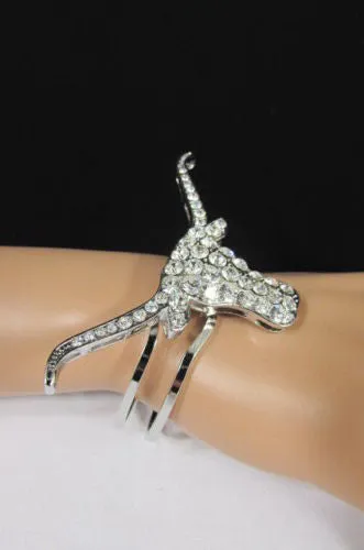 Silver Metal Cuff Bracelet Big Bull Horns Multi Rhinestones