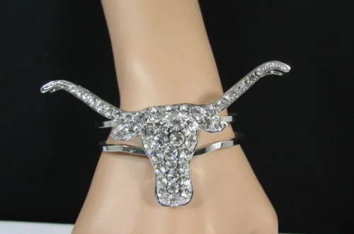 Silver Metal Cuff Bracelet Big Bull Horns Multi Rhinestones