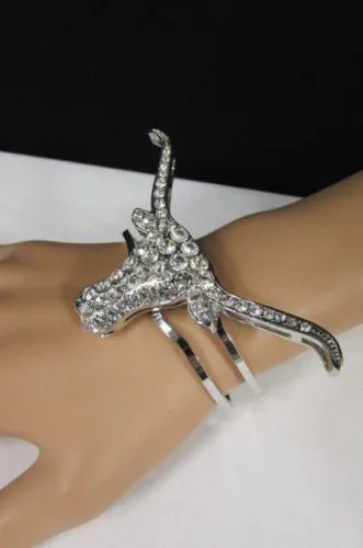 Silver Metal Cuff Bracelet Big Bull Horns Multi Rhinestones