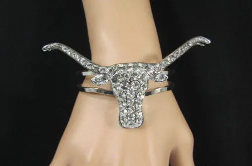 Silver Metal Cuff Bracelet Big Bull Horns Multi Rhinestones