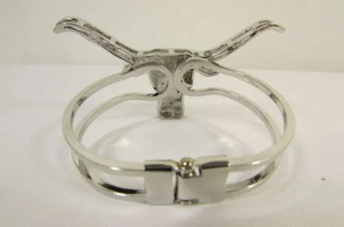 Silver Metal Cuff Bracelet Big Bull Horns Multi Rhinestones