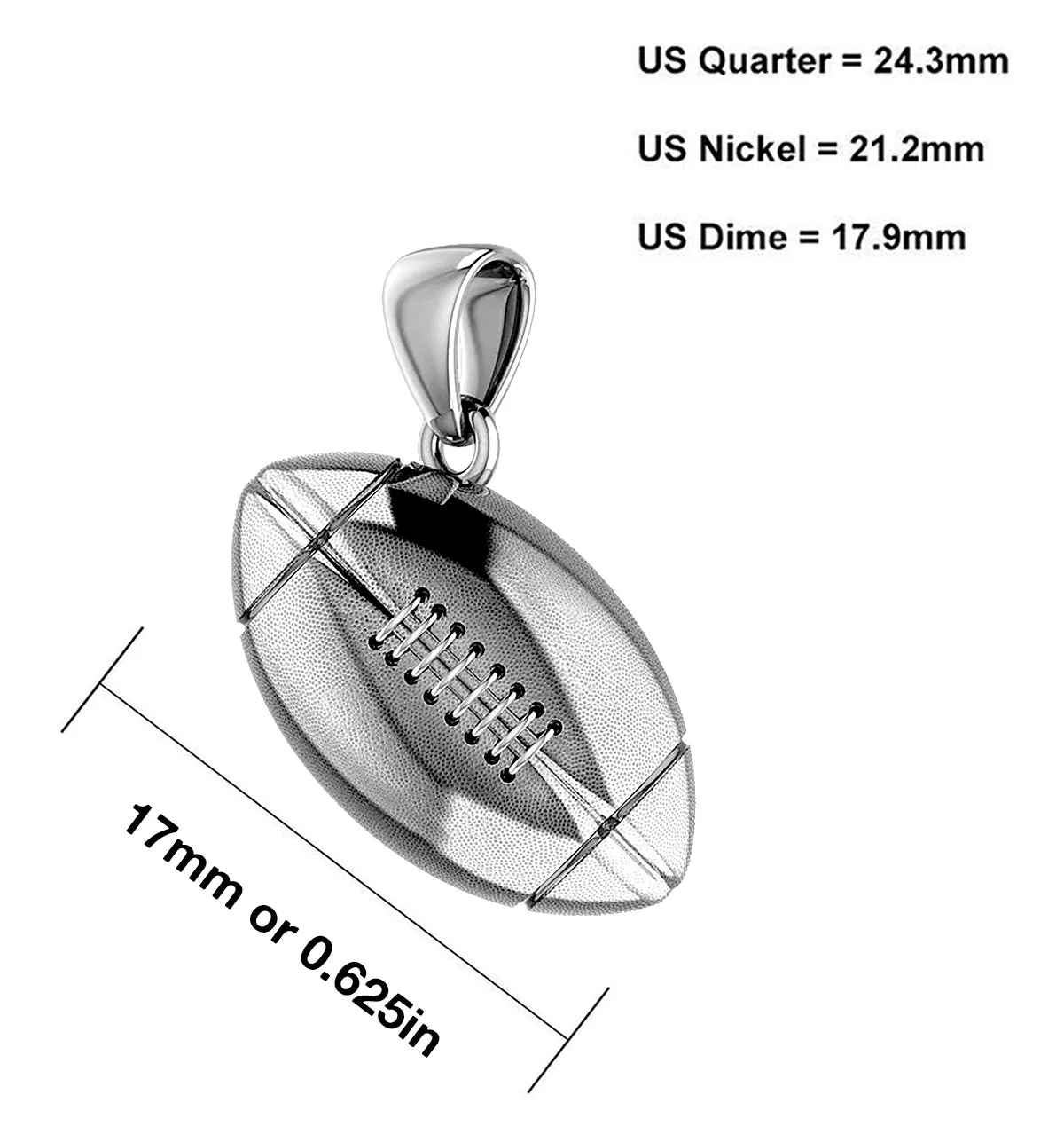 Small 925 Sterling Silver 3D Football Pendant Necklace, 17mm
