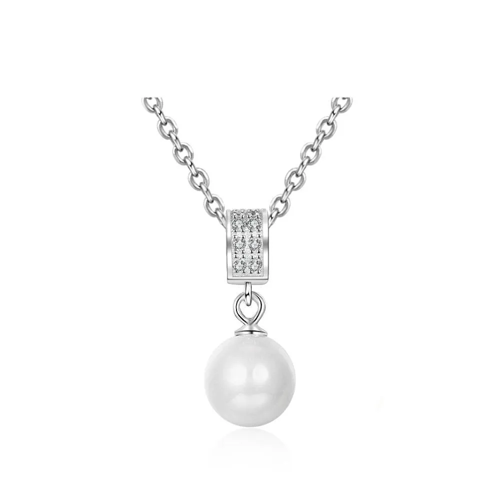 Solid 925 Sterling Silver Necklace with Simulated-Pearl Pendant, Trendy Fashion Party Jewelry for Women