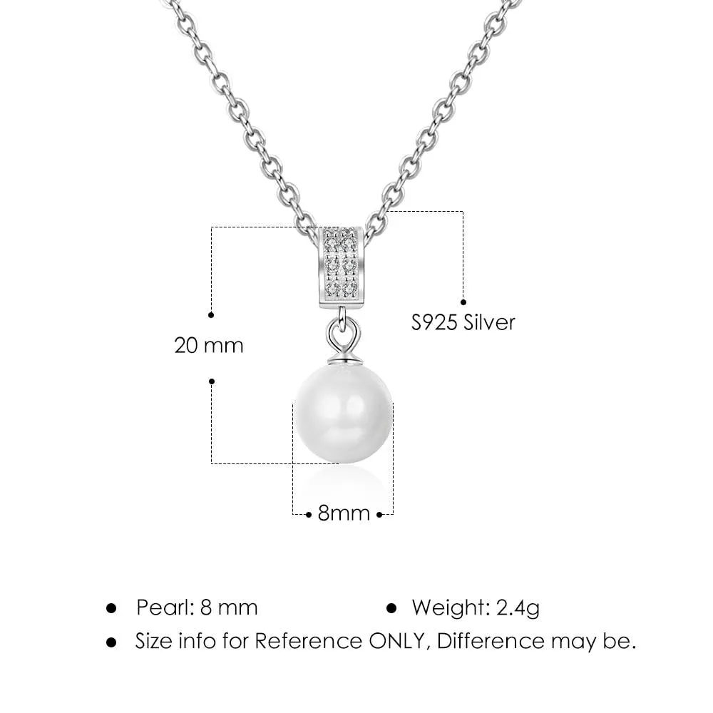 Solid 925 Sterling Silver Necklace with Simulated-Pearl Pendant, Trendy Fashion Party Jewelry for Women