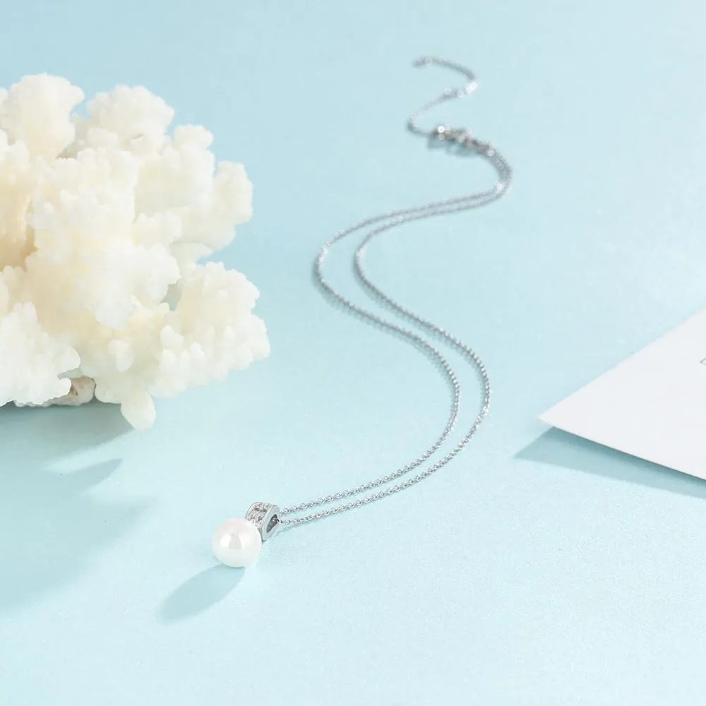 Solid 925 Sterling Silver Necklace with Simulated-Pearl Pendant, Trendy Fashion Party Jewelry for Women