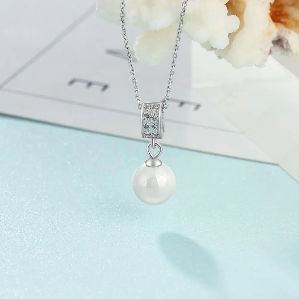 Solid 925 Sterling Silver Necklace with Simulated-Pearl Pendant, Trendy Fashion Party Jewelry for Women