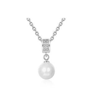 Solid 925 Sterling Silver Necklace with Simulated-Pearl Pendant, Trendy Fashion Party Jewelry for Women