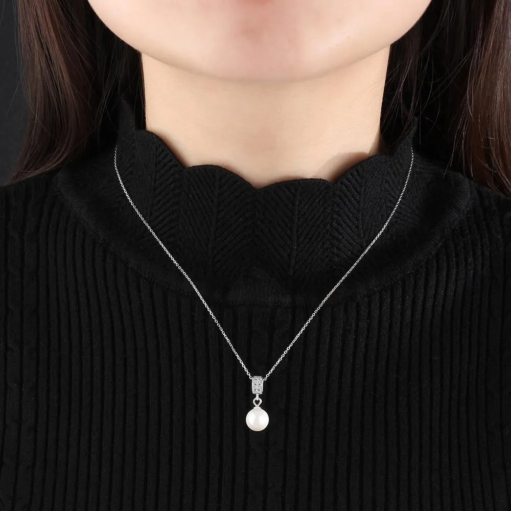 Solid 925 Sterling Silver Necklace with Simulated-Pearl Pendant, Trendy Fashion Party Jewelry for Women