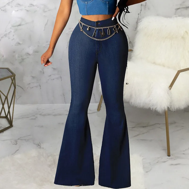 Solid High Waist Bell Bottom Denim Pants