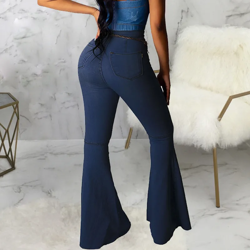 Solid High Waist Bell Bottom Denim Pants