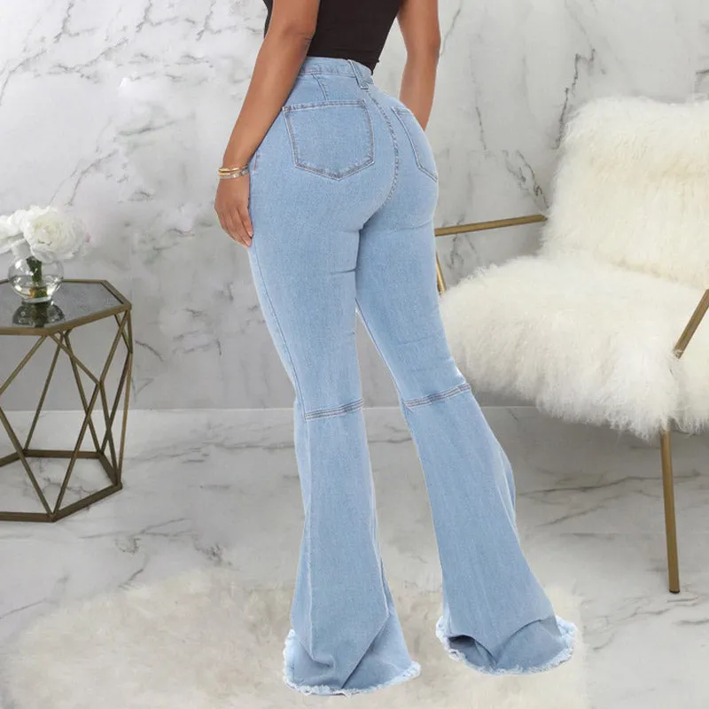 Solid High Waist Bell Bottom Denim Pants