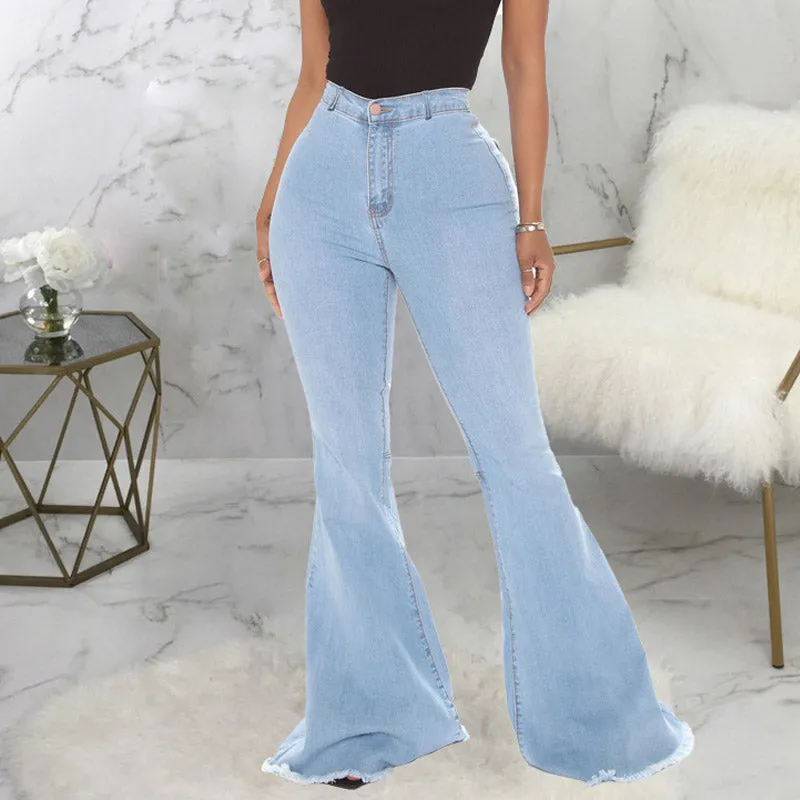 Solid High Waist Bell Bottom Denim Pants