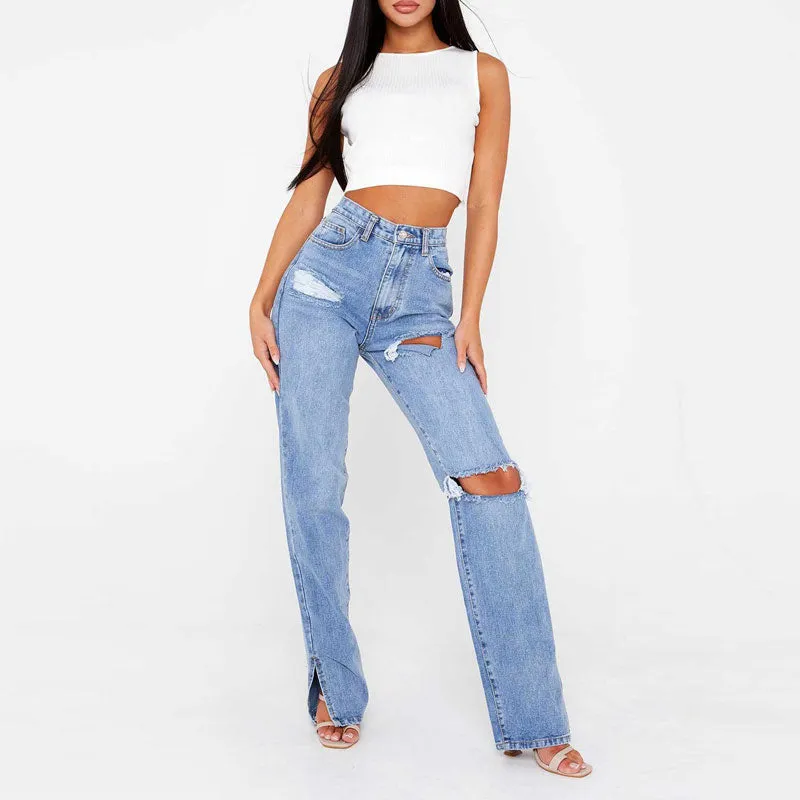 Solid High Waist Cut Out Denim Pants