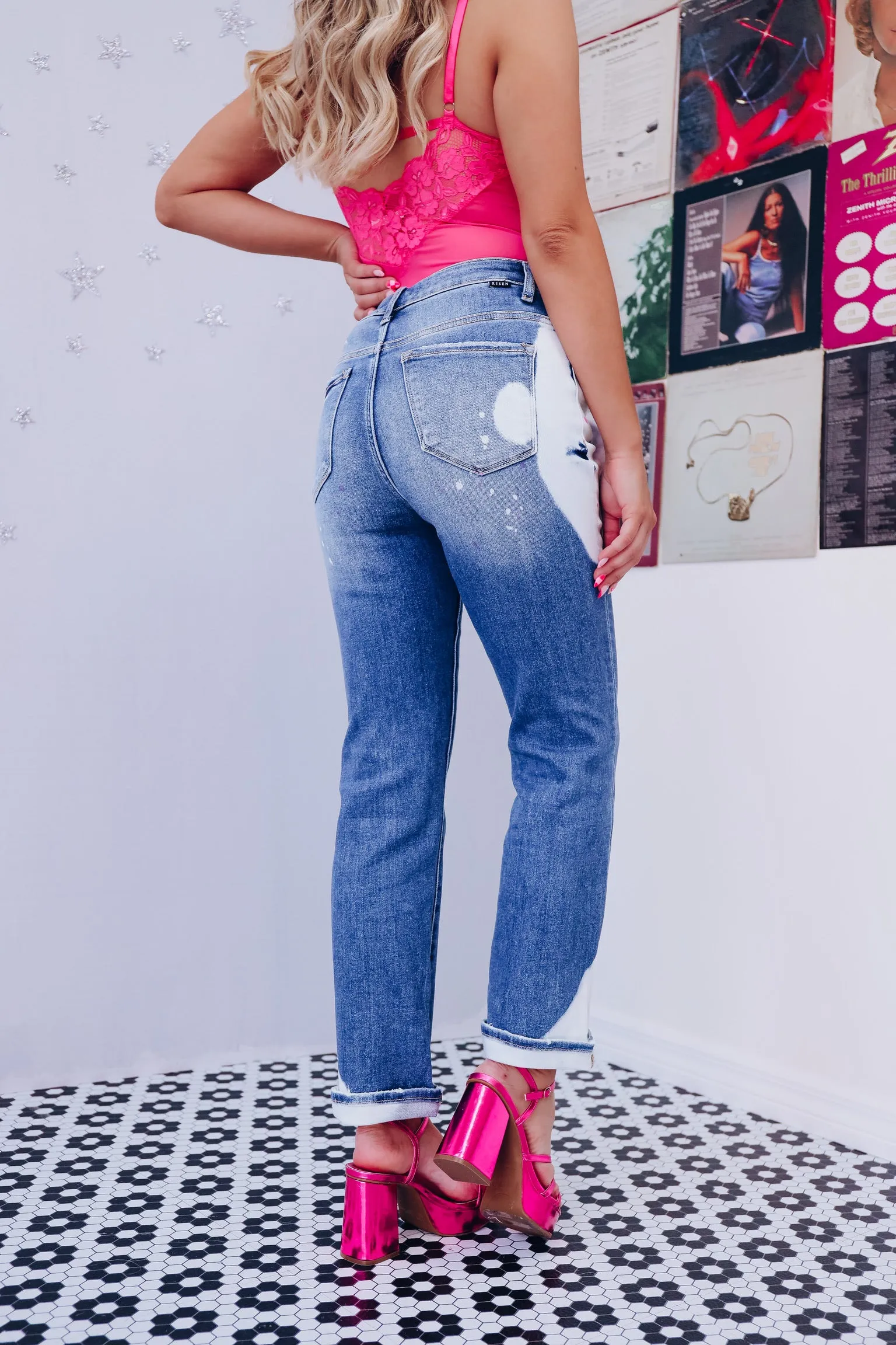 Splatter Me Pink Cuffed Jeans - Bleach Wash