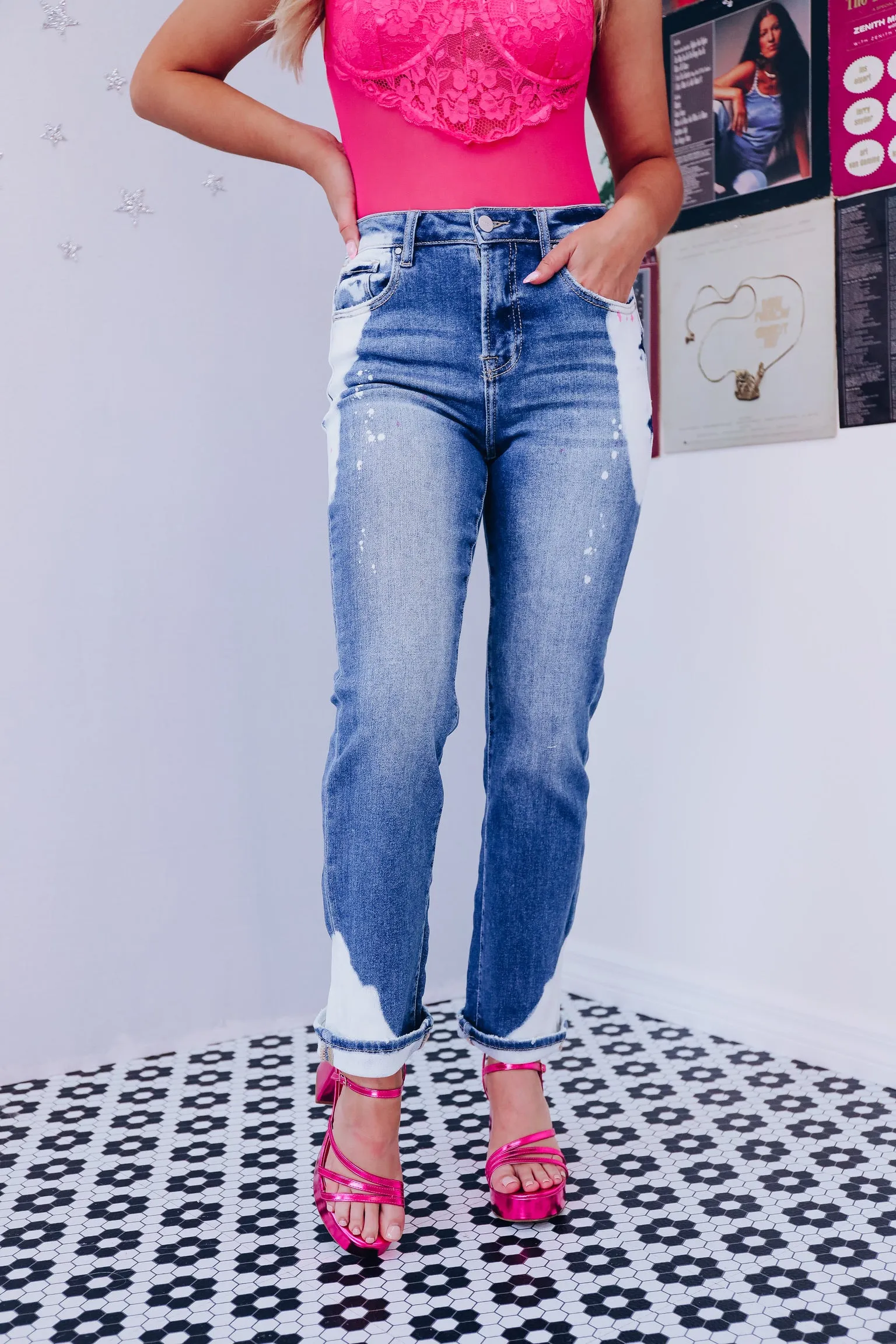 Splatter Me Pink Cuffed Jeans - Bleach Wash