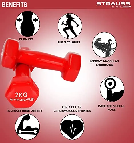 Strauss Vinyl Dumbbell, 2 KG (Pair), 1 KG Each, (Red)